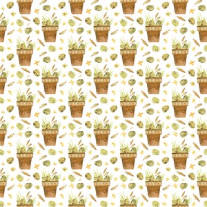 May include: Watercolor pattern featuring repeating images of brown flower pots with green grass and wheat, surrounded by speckled eggs and yellow star-shaped flowers on a white background. The design has a rustic, springtime theme.