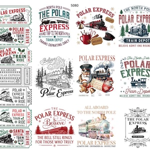 May include: A collection of Polar Express-themed designs. The images include train tickets, train illustrations, and text such as "Believe" and "Train Depot." The color palette features red, green, and black.