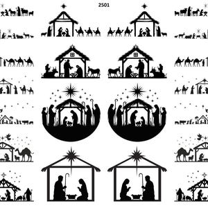 May include: A collection of black silhouette images depicting Nativity scenes. Various designs include the Holy Family, the Three Wise Men, animals, and stars. The images are suitable for Christmas crafts and decorations.