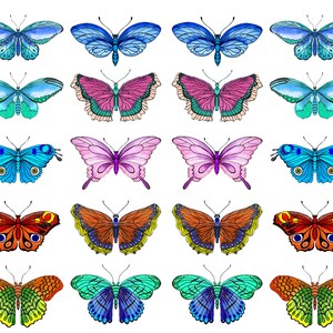 May include: A collection of sixteen watercolor butterfly illustrations in various colors, including blue, pink, purple, orange, and green. Each butterfly has detailed wing patterns and is set against a white background.