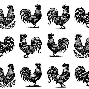 May include: A collection of twelve black and white rooster illustrations. Each rooster is depicted in a detailed, stylized manner, showcasing their feathers and posture. Some roosters are standing on floral designs.