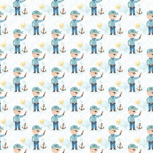 May include: A repeating pattern featuring cartoon pirates in blue and white outfits, holding a wooden sword. The design includes anchors, suns, and clouds on a white background, creating a nautical theme.