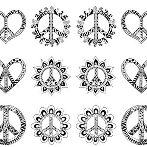 May include: Black and white peace symbol designs in various shapes, including hearts, sunbursts, and circles. Each design features intricate patterns and details, perfect for crafts or decorations.