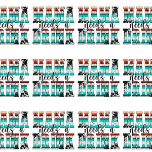 May include: A repeating pattern of the phrase "MAMA needs a DRINK" in a bold, blocky font. The letters are in a turquoise, orange, and black cow print design, set against a white background. The design is repeated multiple times.