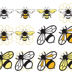 May include: A collection of bee illustrations in various styles. Some bees are black and white, while others feature yellow and black stripes. Several designs include honeycomb patterns, creating a cohesive theme.