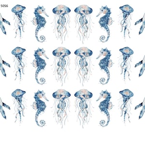 May include: Watercolor illustrations of marine life, including whales, jellyfish, and seahorses, in shades of blue and white. The image features a repeating pattern of these sea creatures. The number "5056" is in the upper left corner.