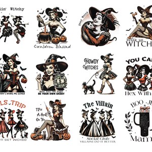 May include: A collection of vintage-style illustrations featuring pin-up witches in various poses. Each image includes text such as "Feelin' Witchy", "Cauldron Blessed", and "Drink up Witches". The artwork has a retro aesthetic with a Halloween theme.