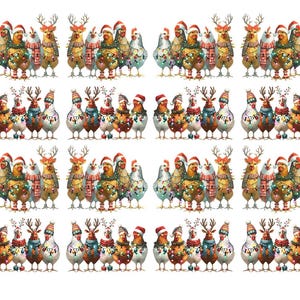 May include: A repeating pattern of watercolor illustrations featuring chickens and reindeer dressed in festive holiday attire. The chickens wear Santa hats and are adorned with string lights. The reindeer wear scarves and antlers. The overall color palette is warm and inviting.