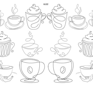 May include: A collection of line art drawings of coffee cups, mugs, and a cupcake. The designs include steam, whipped cream, and heart details. The number "6122" is in the top center of the image.