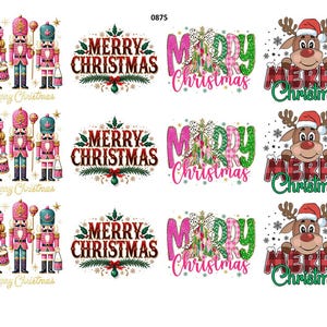 May include: A sheet of Christmas-themed designs. Includes images of nutcrackers, reindeer, and text that reads "Merry Christmas." The designs feature pink, green, red, and white colors. Some designs have glitter accents.