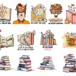 May include: A collection of watercolor illustrations featuring books, flowers, and inspirational quotes. The images include open books with floral arrangements, stacks of books, and a person with a book on their head. Text includes phrases like "Do What You Love."