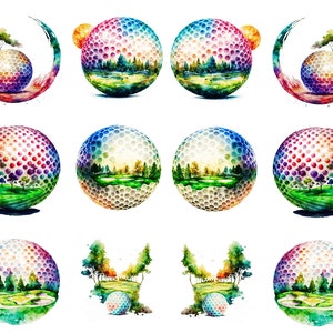 May include: Watercolor illustrations of golf balls with colorful gradients and golf course scenes. Each ball features a different landscape, including trees, water, and green fairways. The designs are set against white backgrounds, creating a vibrant and artistic display.