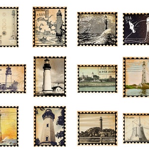 May include: A collection of vintage-style postage stamps featuring various lighthouse designs. The stamps showcase different artistic styles, including illustrations and photographs, with text such as "USA 5c" and "10 cents". The stamps have a sepia-toned aesthetic.