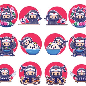 May include: A collection of cartoon ninja illustrations. Each ninja is depicted in a black outfit with a red headband, set against a red circle background. The ninja characters are shown with various Japanese foods, including sushi, ramen, and mochi.