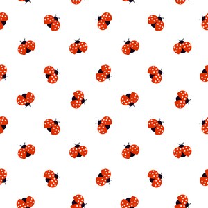May include: A repeating pattern of red ladybugs with white polka dots on a white background. The ladybugs have black bodies and are arranged in a random, evenly spaced design. The ladybugs are in various positions, some with wings open.