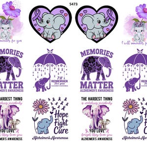 May include: A collection of purple and gray elephant-themed designs with text related to Alzheimer's Awareness. The designs include elephants, flowers, hearts, and ribbons. Text includes phrases like "Memories Matter" and "Hope Fight Cure."