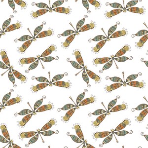 May include: A repeating pattern of stylized dragonflies in shades of orange, teal, yellow, and brown on a white background. The dragonflies have intricate wing designs and are evenly spaced across the image.