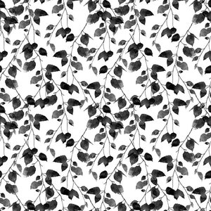 May include: A repeating pattern of black and gray watercolor leaves and branches against a white background. The leaves vary in size and shape, creating a natural, organic design. The branches are thin and delicate, adding to the overall elegance of the pattern.