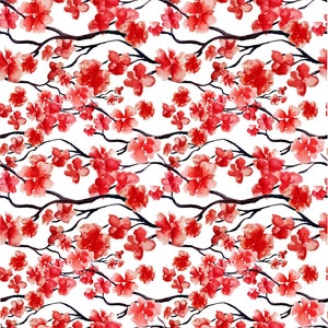 May include: Watercolor pattern featuring red cherry blossoms and dark brown branches against a white background. The floral design repeats across the image, creating a seamless pattern. The image is labeled "7811".