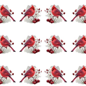 May include: A repeating pattern of red cardinal birds perched on branches with red berries. The birds have a bright red plumage and are set against a soft, gray background. The design is repeated across a white background.