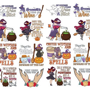 May include: A collection of Halloween-themed graphics featuring witches, cats, pumpkins, and phrases like "Coffee Witches and Spells" and "My Broomstick Runs on Wine." The designs are in orange, purple, and black.