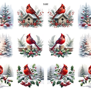 May include: Watercolor illustrations of red cardinals in a winter scene. The images feature cardinals perched on birdhouses, snowy branches, and near lanterns and Christmas trees. The text "5182" is at the top.