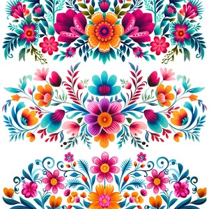 May include: Three vibrant floral designs featuring a variety of colorful flowers and foliage. The designs showcase a mix of pink, orange, teal, and purple blooms, with intricate details and a symmetrical arrangement. The overall style is decorative and eye-catching.