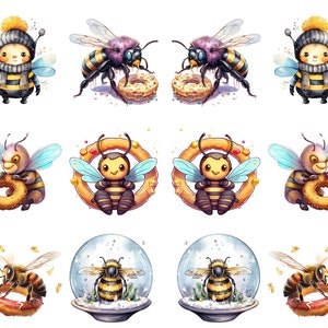 May include: Watercolor illustrations of bees in various poses. Some bees wear hats and scarves, while others interact with donuts. The bees have black and yellow striped bodies, blue wings, and cute expressions. The overall theme is whimsical and playful.
