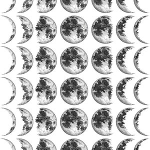 May include: A repeating pattern of the phases of the moon, rendered in grayscale. Each moon phase is depicted as a circle or crescent, with varying degrees of shadow and detail. The design is suitable for celestial or space-themed projects.