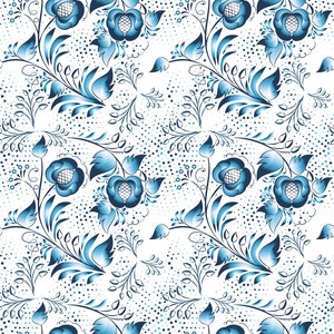 May include: A seamless pattern featuring stylized blue floral designs on a white background. The pattern includes detailed flowers, leaves, and vines, with a dotted texture. The color palette is primarily shades of blue and white, creating a classic and elegant look.