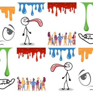 May include: A collection of cartoon graphics featuring various elements. These include dripping paint in orange, blue, red, and green, stick figures with long tongues, facial expressions, a hand, and a group of people.