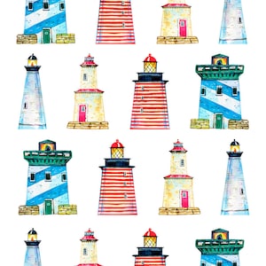 May include: Watercolor illustration of various lighthouses. The lighthouses feature different designs, including red and white stripes, blue and white stripes, and solid colors. Each lighthouse has a light at the top and a small door. The image has the text "0712" in the upper left corner.