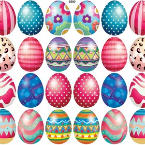 May include: A collection of colorful Easter egg designs. The eggs feature various patterns, including stripes, polka dots, floral designs, and geometric shapes. Colors include pink, blue, green, orange, and purple. The eggs are arranged in rows and columns.