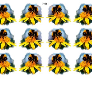 May include: A repeating pattern of twelve images. Each image features a bumblebee on a bright yellow flower with green leaves. The background is a soft blue and white. The text "7463" is in the upper left corner.