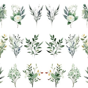 May include: Watercolor illustrations of various green and white floral arrangements. The designs include bouquets of leaves, sprigs, and flowers. The arrangements are in shades of green, white, and touches of yellow, set against a white background.