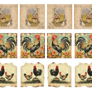 May include: A collection of vintage-style prints featuring farm animals. The top row shows chicks in an egg, the middle row features a rooster with flowers, and the bottom row depicts a rooster and hen. The prints have a distressed, aged appearance.