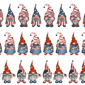 May include: A collection of patriotic gnome illustrations. Each gnome features red, white, and blue colors, with some holding American flags or hearts. The gnomes wear hats with the word "USA" and star accents, perfect for Independence Day.