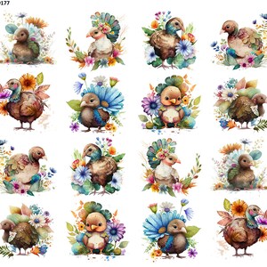 May include: Watercolor illustrations of various birds surrounded by colorful flowers. Each bird has unique plumage and is set against a white background. The artwork features a variety of flowers, including daisies, and other blooms in shades of blue, orange, and purple.