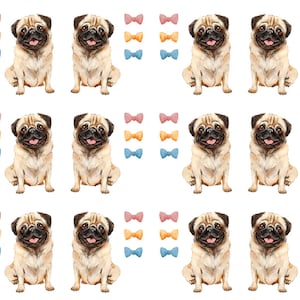 May include: A repeating pattern of watercolor pug dog illustrations with accompanying bow ties in pink, orange, and blue. The pugs are light brown with black faces and ears, and are sitting with their tongues out.