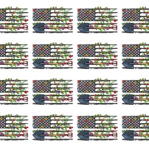 May include: A sheet of stickers featuring the American flag with a shovel and floral accents. The flag design incorporates stars and stripes, with a shovel and colorful flowers intertwined. The stickers are arranged in a grid pattern.