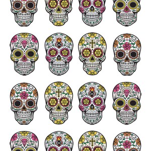 May include: A collection of colorful sugar skull designs. Each skull features intricate floral patterns, crosses, and heart-shaped flames, with a vibrant palette of pink, yellow, orange, and green. The skulls are set against a white background.