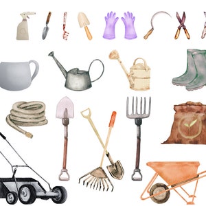 May include: Watercolor illustration of various gardening tools, including a watering can, shovel, rake, gloves, and a wheelbarrow. The tools are in shades of brown, green, and orange, with a white background. A lawnmower and a bag of soil are also included.