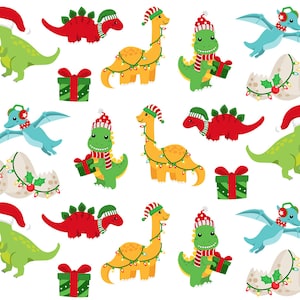 May include: A repeating pattern of cartoon dinosaurs and pterodactyls in festive holiday attire. The dinosaurs are green, red, and yellow, some with Santa hats, scarves, and wrapped gifts. Pterodactyls are blue, and eggs are decorated with lights.
