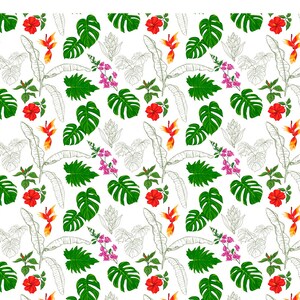 May include: A seamless pattern featuring tropical foliage and flowers. The design includes large green monstera leaves, red hibiscus flowers, orange birds of paradise, and pink bougainvillea, all set against a white background. Outlines of other flowers and leaves are also present.