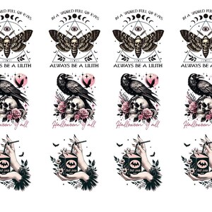 May include: A sheet of stickers featuring gothic and Halloween-themed designs. The designs include a moth, a raven perched on a skull with roses, and a hand holding a juice box with a bat symbol. Text includes "ALWAYS BE A LILITH" and "Halloween Y'all."
