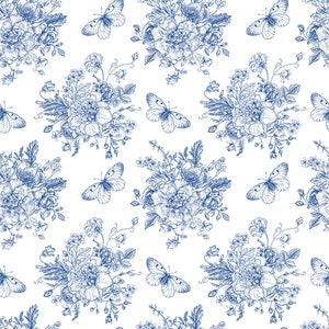 May include: White background with a repeating pattern of blue floral bouquets and butterflies. The bouquets feature detailed line drawings of various flowers and foliage. Butterflies are scattered throughout the design.