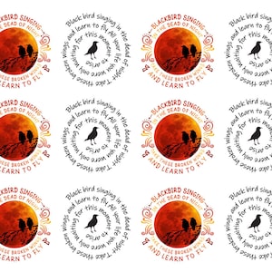 May include: A repeating pattern of circular designs with a blackbird silhouette, a red moon, and text. The text includes phrases like "Blackbird singing in the dead of night" and "Take these broken wings and learn to fly."