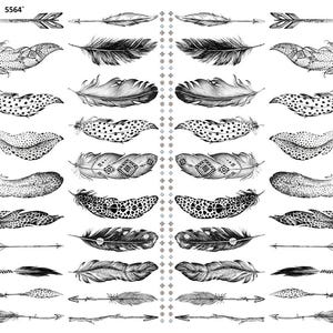 May include: A sheet of black and white temporary tattoos featuring various feather and arrow designs. The feathers have detailed patterns, including dots and geometric shapes. The arrows have detailed arrowheads and fletching. The number "5564" is in the upper left corner.