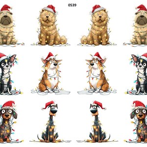 May include: A collection of whimsical dog illustrations, each adorned with a Santa hat and wrapped in Christmas lights. Breeds include a Dalmatian, Dachshund, Chihuahua, and Chow Chow. The image has the number "0539" in the top right corner.