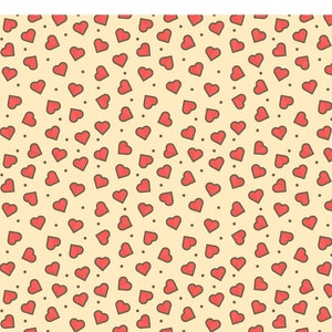 May include: A repeating pattern of red hearts with dark outlines and small black dots on a light beige background. The hearts are evenly spaced and oriented in various directions, creating a playful and romantic design.